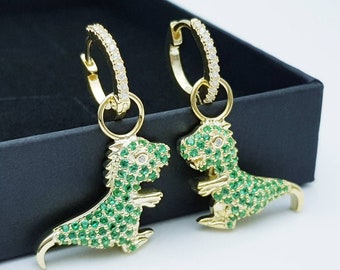 Godzilla gold hoops with removable charm, cute drop earrings, two earrings in one