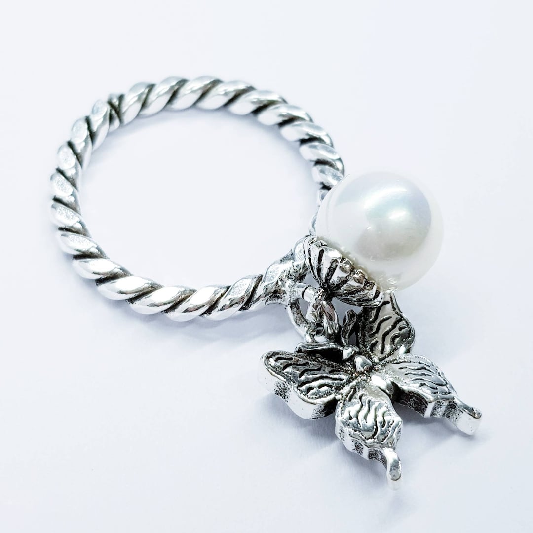 Dangle Rings Silver Silver Dangle Ring With Pearl and Butterfly Charms, Moving Rings - Etsy