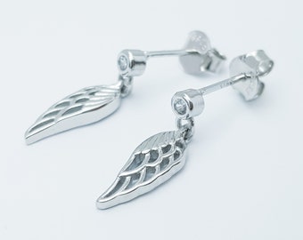 Sterling silver angel wing drop earrings with cubic zirconia