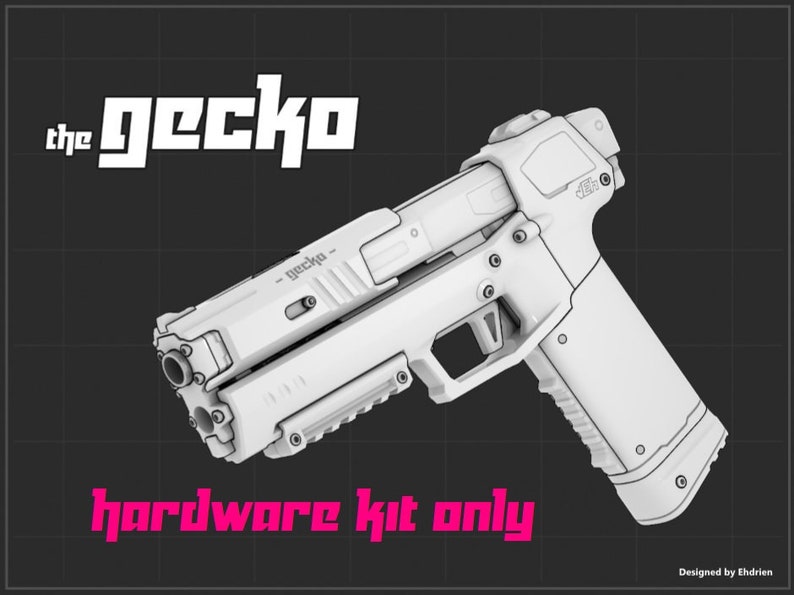May include: A white, futuristic-style handgun with the text "the gecko" and "hardware kit only" in the image. The gun is set against a dark gray background with a grid pattern. The design is detailed and appears to be a 3D render.
