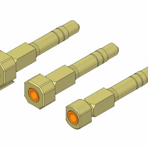 May include: Three gold-colored mechanical components with cylindrical and hexagonal shapes. Each component has an orange-colored interior. The components are arranged diagonally on a white background.