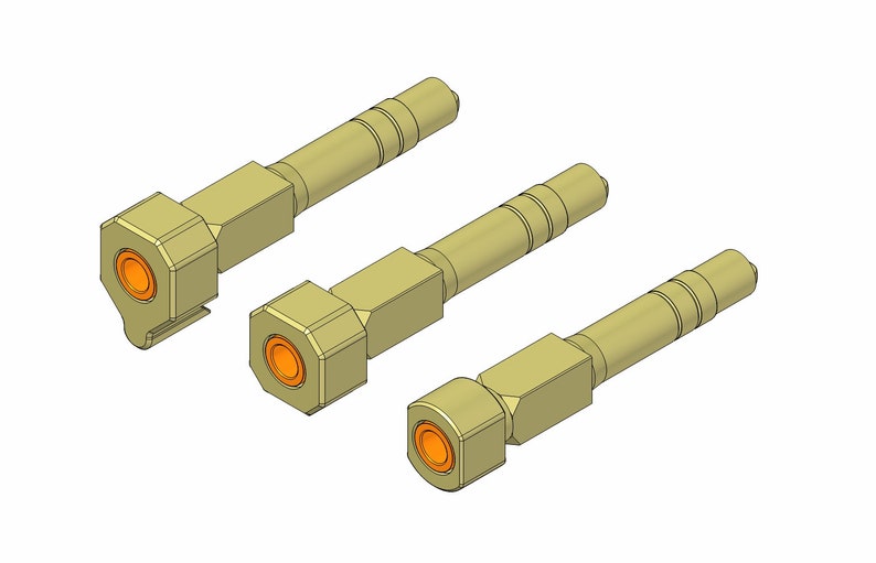 May include: Three gold-colored mechanical components with cylindrical and hexagonal shapes. Each component has an orange-colored interior. The components are arranged diagonally on a white background.