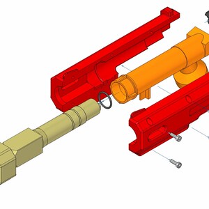 May include: An exploded view of a mechanical device, featuring components in red, orange, and gold. The design includes cylindrical and rectangular parts, screws, and a black O-ring, all set against a white background.