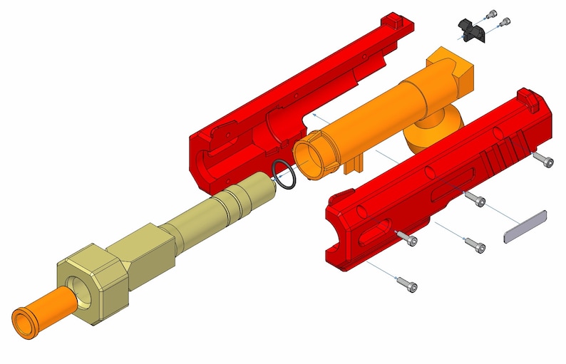 May include: An exploded view of a mechanical device, featuring components in red, orange, and gold. The design includes cylindrical and rectangular parts, screws, and a black O-ring, all set against a white background.