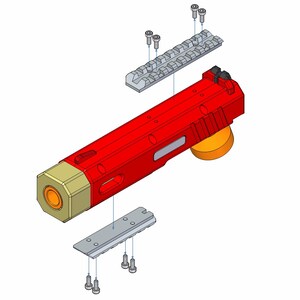 May include: An exploded view of a red and gold firearm with silver mounting rails and screws. The firearm has a cylindrical barrel and a rectangular body. The components are arranged to show how they fit together.