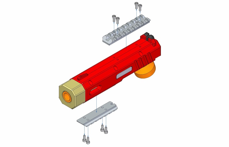 May include: An exploded view of a red and gold firearm with silver mounting rails and screws. The firearm has a cylindrical barrel and a rectangular body. The components are arranged to show how they fit together.