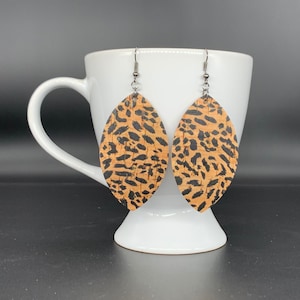 Cheetah Cork Leaf Earrings - Leaf Earrings - Cork and Cowhide Earrings - Leaf Shaped Cork Earrings - Lightweight Earrings - Natural