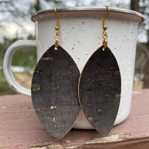 Black Cork with Gold Flakes Earrings - Leaf Earrings - Gold Flake Cork Leaf