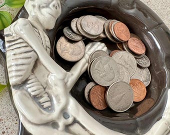 Vintage Skeleton Coin Tray | Halloween Gothic Decor | Macabre Table Decor | Cash Stuffing Budgeting Desk Decor