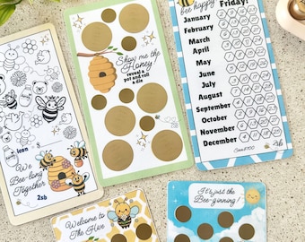 A6 Bee Themed Set | Savings Challenges | Cash Stuffing Games | Laminated Scratch and Save | Sinking Funds | Budgeting