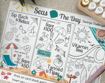 Seas The Day Savings Challenges | Beach Themed | A6 Sized Mini Savings Games | Set of 3