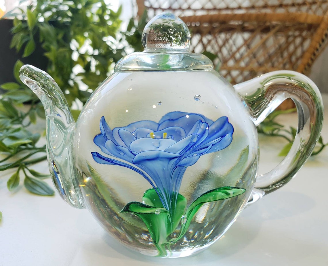 80s Vintage Glass Teapot Paperweight Dynasty Gallery Blue Etsy