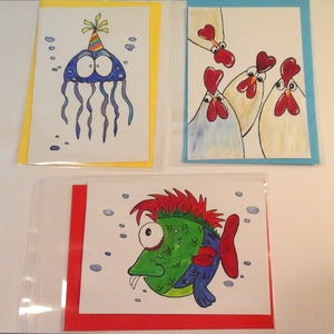 3 Cartoon Karten Hand gemachte Unikate Postkarten Glückwunschkarten