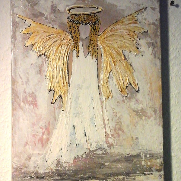 weißer Engel mit gold "Wandbild gemalt" gespachtelt 3D "Acryl Bild" Leinwand Unikat