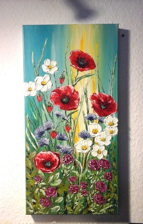 Wandbilder Bunte Sommer Blumen Wiese Bild gemalt Unikat Kunst gespannte Leinwand