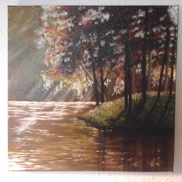 Herbst am See "Landschaft Bild" Unikat Malerei "Acryl Bild" Leinwand