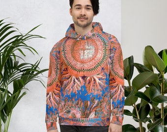 Um moletom com capuz hipnotizante apresentando um arco-íris de tons, espírito perfeito. Ideal para meditação, ioga, festival, concerto ou como presente de EDM.