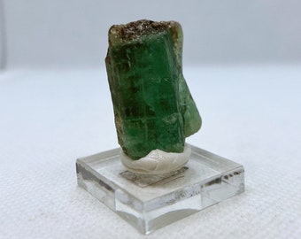 Può includere: Un cristallo di smeraldo verde brillante con una cima leggermente marrone, esposto su un supporto in acrilico trasparente.