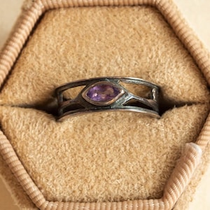 Handmade Sterling Oxidised Silver Ring with natural Amethyst.