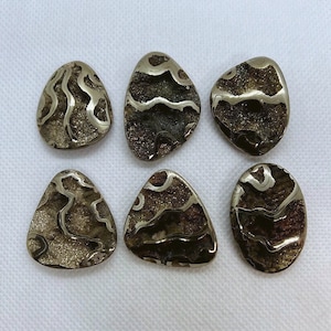 Może przedstawiać: Sześć polerowanych, nieregularnych, brązowych i srebrnych kamieni z falistym wzorem. Kamienie są ułożone w dwóch rzędach po trzy.