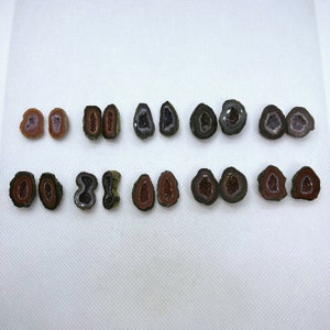 Könnte beinhalten: Eine Sammlung von 16 kleinen, polierten Geodenhälften mit verschiedenen Farben und Mustern. Die Geoden sind in zwei Reihen zu je acht angeordnet. Die Geoden sind ein Naturstein mit einer Vielzahl von Farben, darunter Braun, Schwarz, Weiß und Rosa.