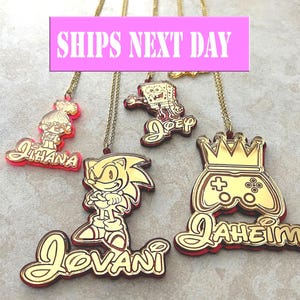 Personalized Kids Characters Necklace in Gold Acrylic * Cartoon Character Resin Coat w/Steel Gold-Plated Chain 2mm. Dragon Sonic. Gift Box