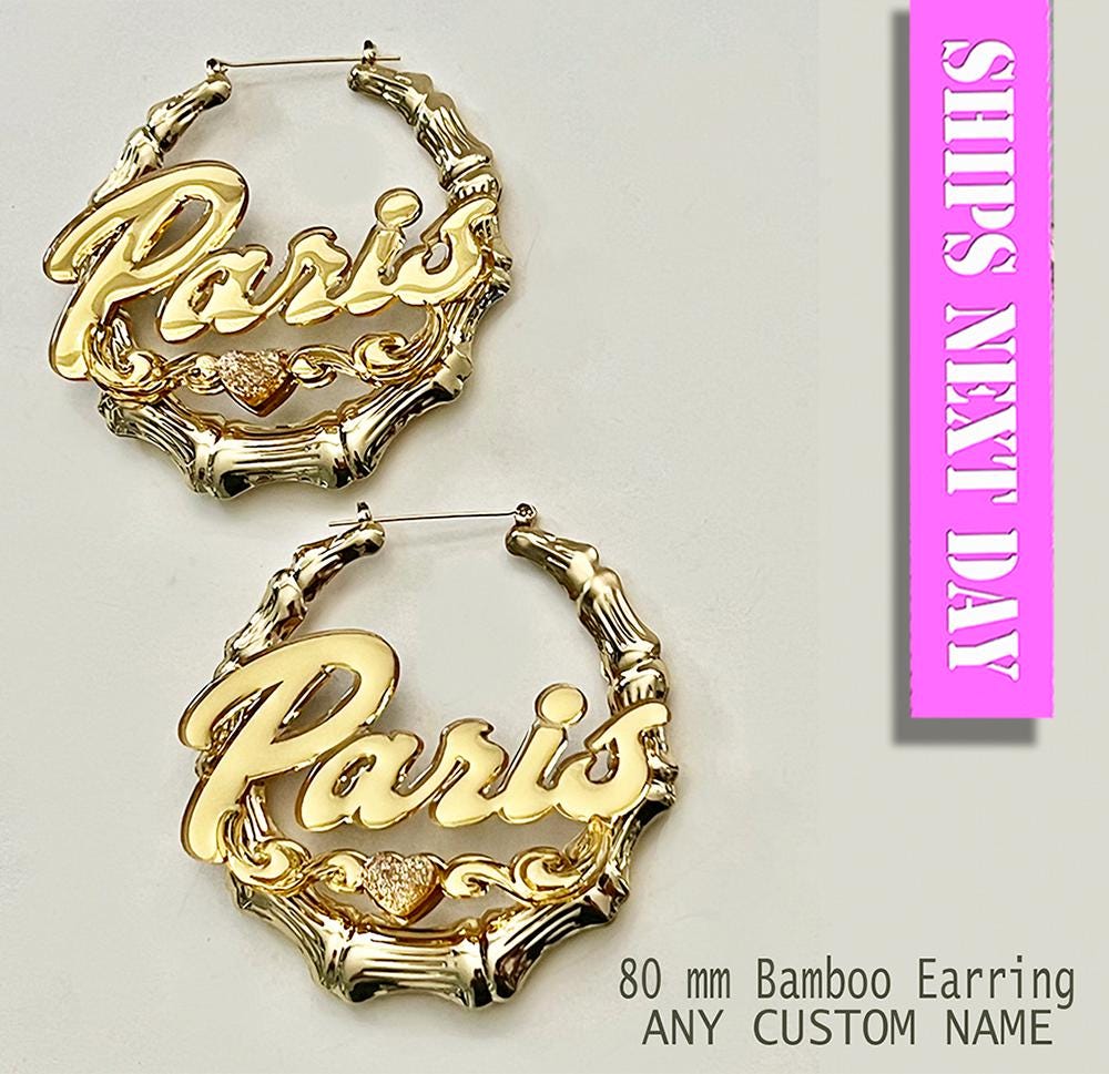 Créoles personnalisées en acrylique avec prénom en bambou.  • Boucles d'oreilles en bambou personnalisées • Grandes créoles •Plaque personnalisée. Avec une boîte cadeau.