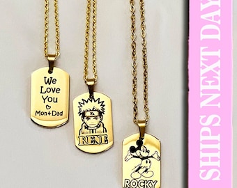 Character Necklace Dog Tag: Engraved Stainless Steel Pendant in a Gift in box.