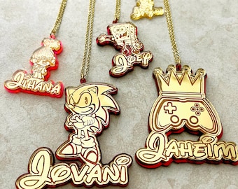 Name Necklace Characters For Kids: Custom Cartoon Jewelry. Acrylic Resin Coated in a Gift Box