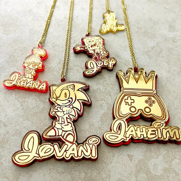 Name Necklace Characters For Kids: Custom Cartoon Jewelry. Acrylic Resin Coated in a Gift Box