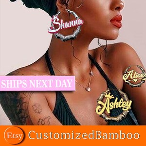 BAMBOO EARRING, MONOGRAM Earring, Beautiful name plate Bamboo Earrings * Earring Customized Big Bamboo w/resin coat In a Gift box