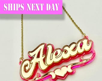 Prénom personnalisé, collier en acrylique personnalisé, plaque signalétique en miroir doré, pour enfant, bébé et femme.