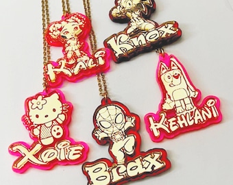 Name Necklace Characters For Kids: Custom Cartoon Jewelry. Acrylic Resin Coated in a Gift Box