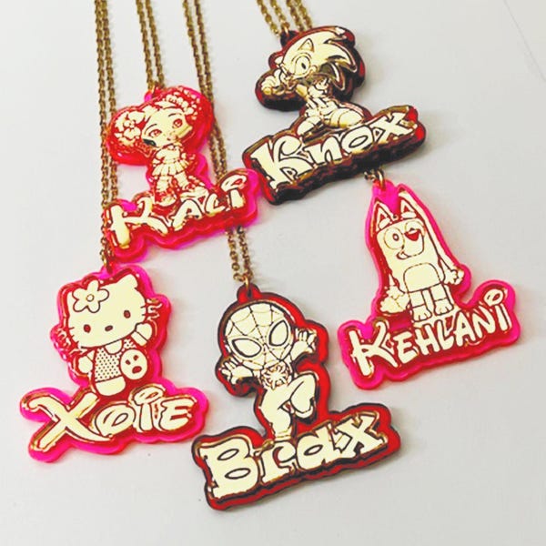 Name Necklace Characters For Kids: Custom Cartoon Jewelry. Acrylic Resin Coated in a Gift Box