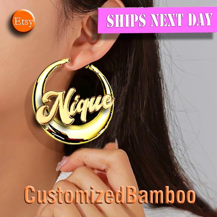 Custom Acrylic Name in metallic gold Hoop Earrings. Personalized earrings 70mm. With a gift box