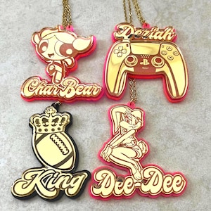 Personalized Kids Characters Necklace in Gold Acrylic * Cartoon Character Resin Coat w/Steel Gold-Plated Chain 2mm. Dragon Sonic. Gift Box
