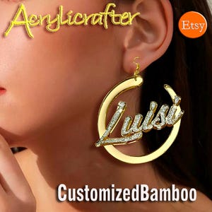 Custom Name Hoop Earrings: Acrylic Resin Bling, Gold Plated Bamboo Style