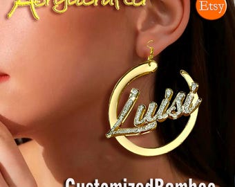 Créoles avec nom personnalisé : résine acrylique bling, style bambou plaqué or