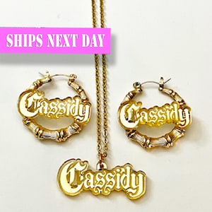 Personalized Kid&#39;s Bamboo Hoop Earrings: Custom  Acrylic Name plate, Gold or Silver