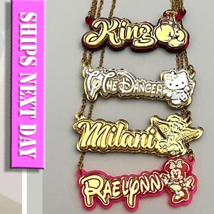 Personalized Children's Character Necklaces, Stud Earrings Set in Gold Acrylic Mirror Resin. Gold-Plated Chain. Cartoon Kid gifts, Gift Box.