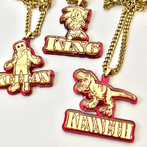Personalized Kids Characters Necklace in Gold Acrylic * Cartoon Character Resin Coat w/Steel Gold-Plated Chain 2mm. Dragon Sonic. Gift Box