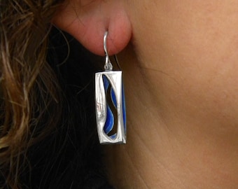 Silver earrings with volume and enamel inside. Blue or Red earrings. Earrings with volume. Silver and enamel earrings. Dangle earrings