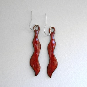 Colored enamel earrings. Silver hooks. Long enamel dangle earrings. Enameled copper earrings. Red earrings. Handmade jewels