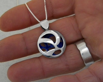 Silver pendant with enamel inside. 3D pendant. Architectural structural pendant. Turquoise color