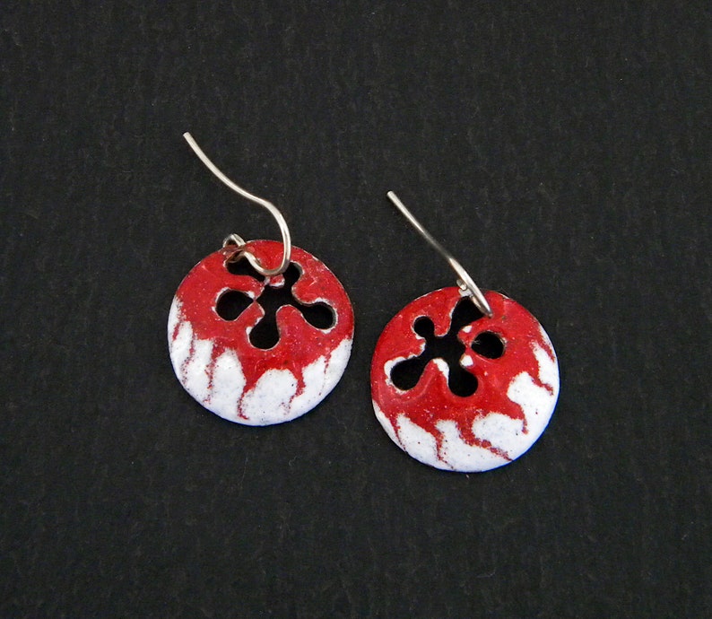 Colored enamel earrings. Silver hooks. Round enamel dangle earrings. Enameled copper earrings. Red and white earrings. different colors image 3