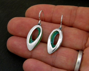 Silver earrings with volume and green enamel inside. Green earrings. Earrings with volume. Silver and enamel earrings. Color earrings