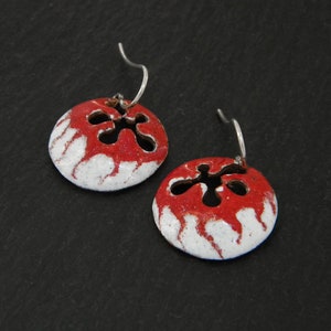 Colored enamel earrings. Silver hooks. Round enamel dangle earrings. Enameled copper earrings. Red and white earrings. different colors image 2