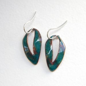 Colored enamel earrings. Silver hooks. Long enamel dangle earrings. Enameled copper earrings. Blue earrings. Handmade jewels