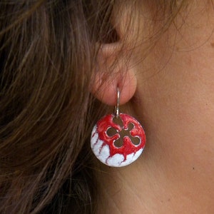 Colored enamel earrings. Silver hooks. Round enamel dangle earrings. Enameled copper earrings. Red and white earrings. different colors image 1