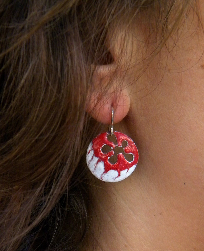 Colored enamel earrings. Silver hooks. Round enamel dangle earrings. Enameled copper earrings. Red and white earrings. different colors image 1